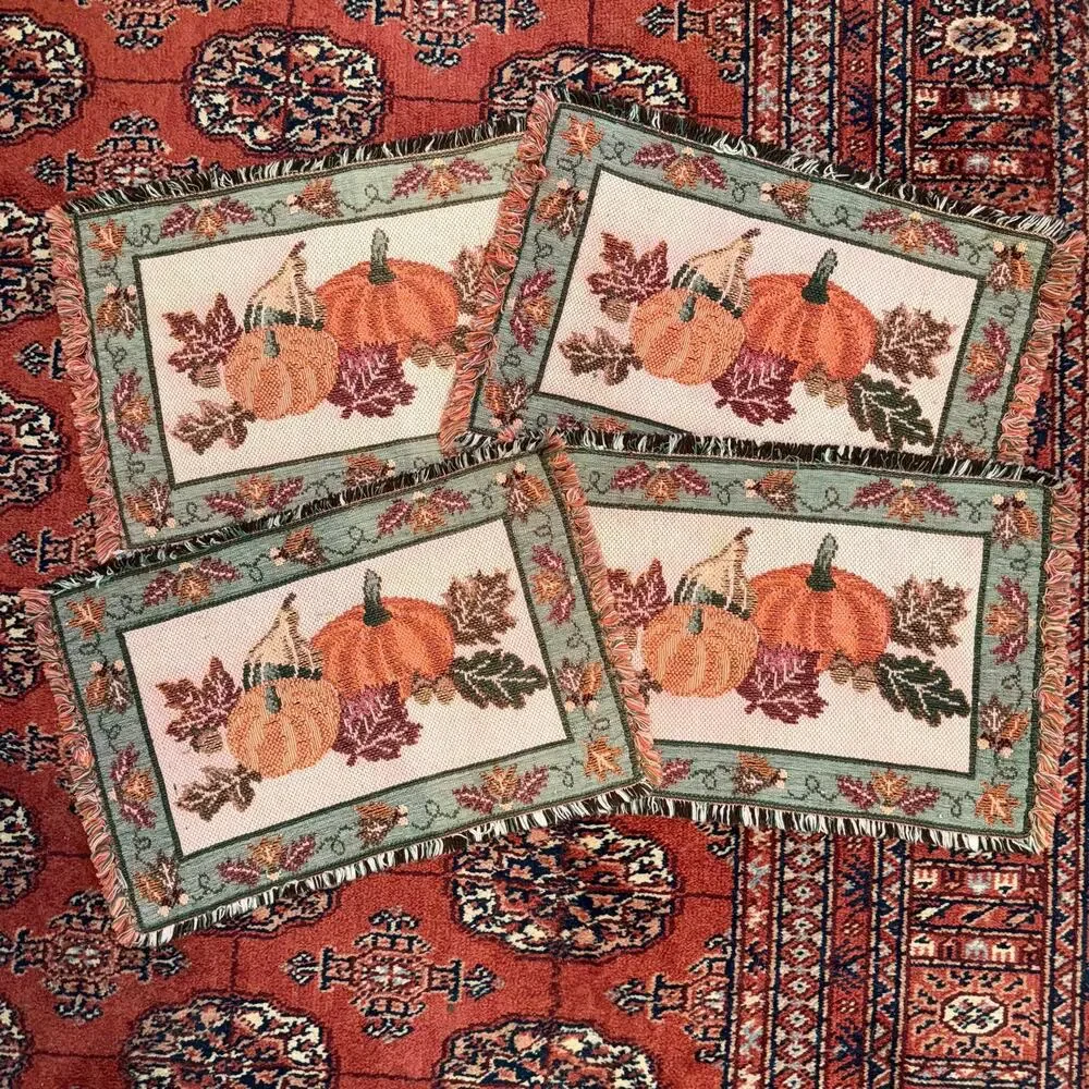 Fall Themed‎ Set of 4 Fringe Edge Rectangular Placemats w Pumpkins